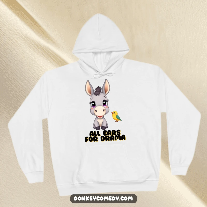 Funny hoodie showing a donkey with big, curious eyes listening to a chirping bird, offering cozy contemplation.