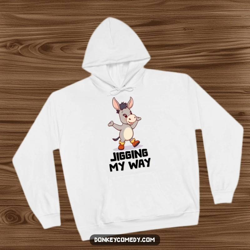 Funny hoodie featuring a donkey wearing small boots and doing a spirited jig, ideal for cozy celebrations.