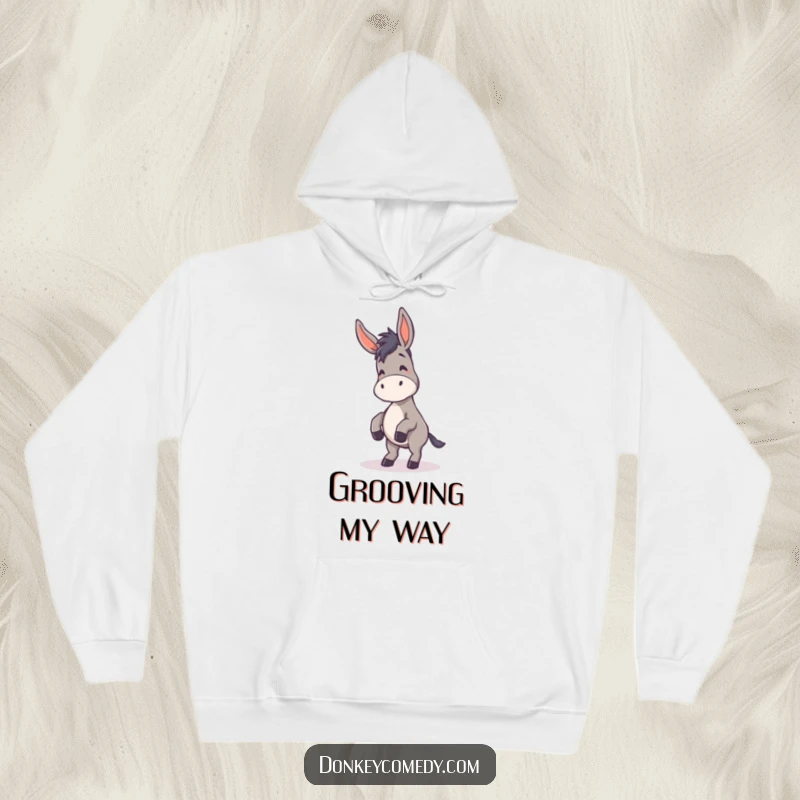 Funny Donkey Hoodie illustrated with a donkey dancing sillily with floppy ears, offering cozy fun and humorous style.