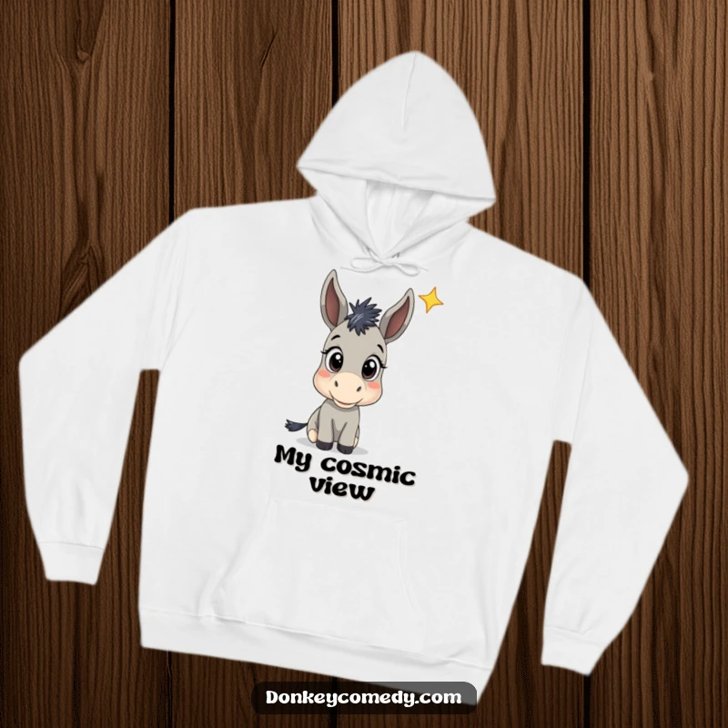Funny Donkey Star Gazing Hoodie: A warm hoodie featuring a donkey with wide eyes, looking curiously at a distant star, for funny inspiration.