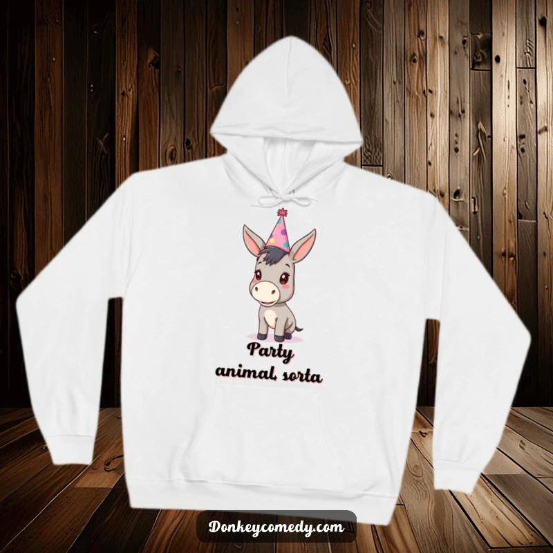 Funny kawaii donkey wearing a silly, oversized party hat on a cozy hoodie, ideal for warm and humorous wear.