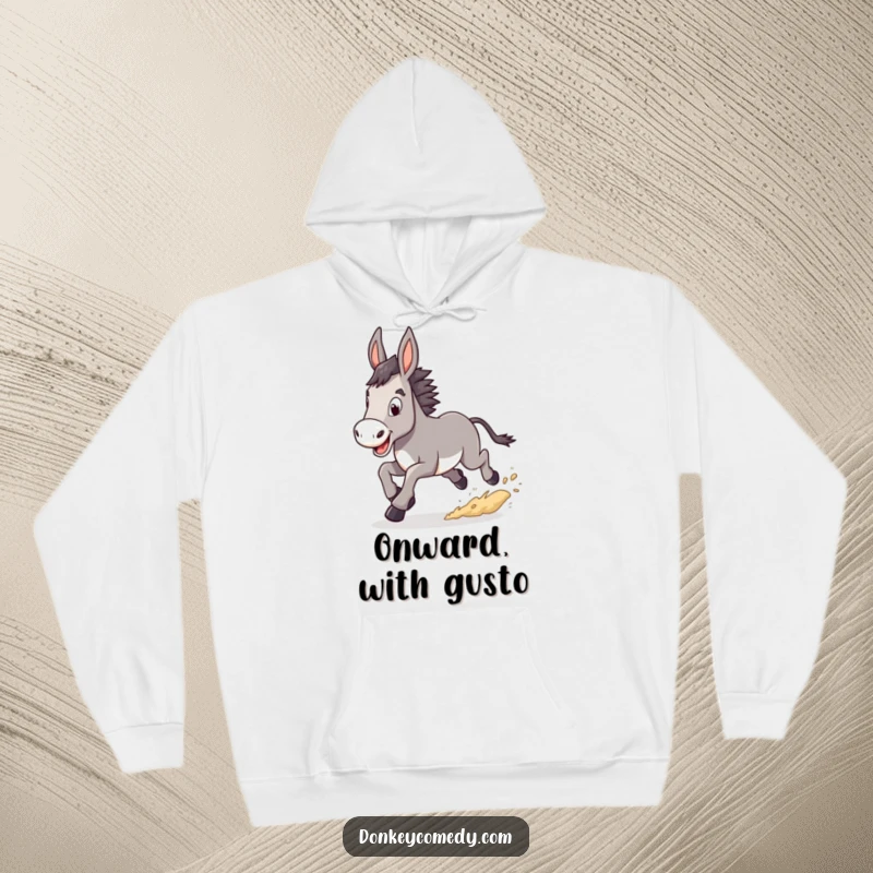 Funny Donkey Hoodie illustrating a donkey in a happy, determined trot, kicking up dust, conveying energetic purpose and comfort.