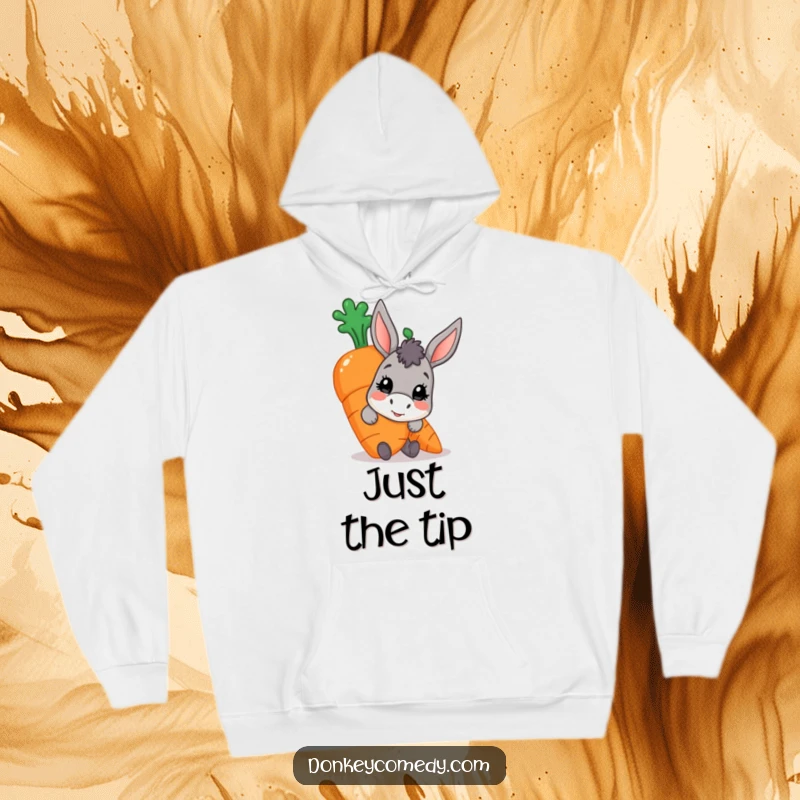 Funny donkey carrot hoodie, a character peeking from behind a large ripe carrot, blending warmth with cartoon mischief.