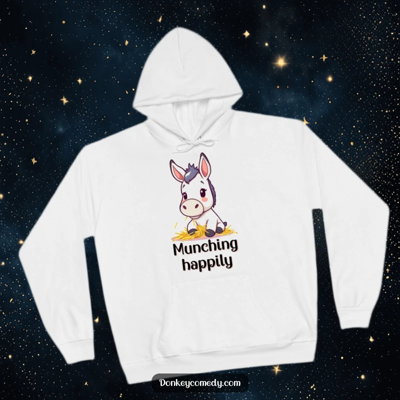 Funny hoodie with a cute kawaii donkey, perky ears, happily munching hay, offering warmth and charm, a thoughtful gift.