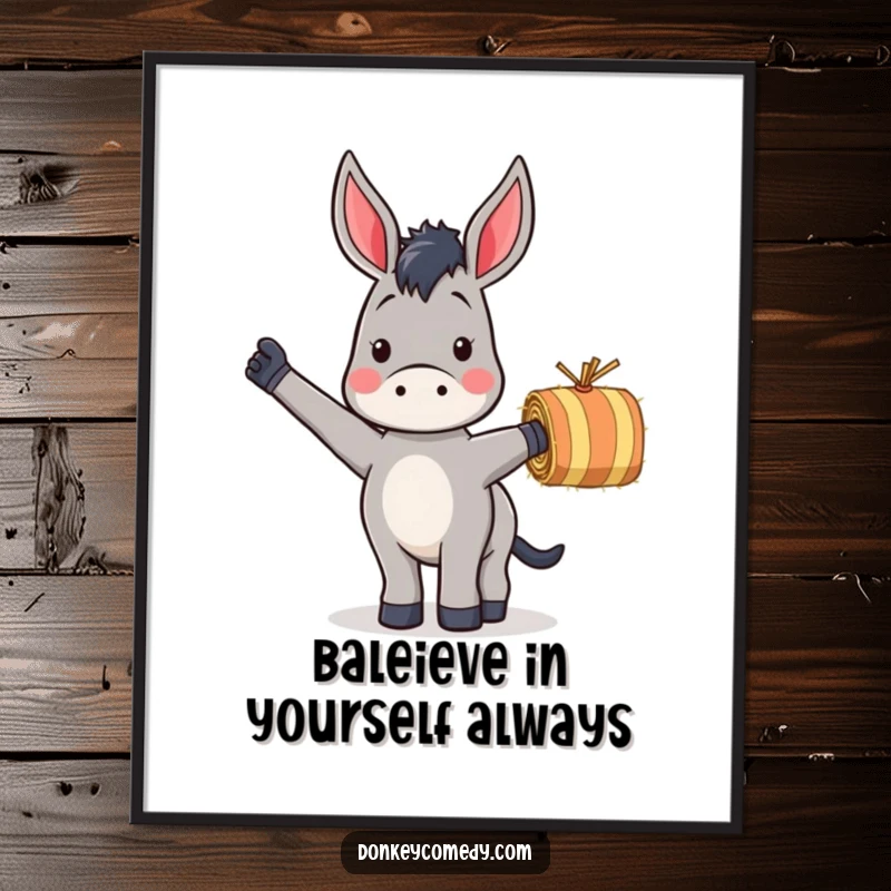 Funny Free Printable Wall Art: A donkey enthusiastically waving a small, striped hay bale, bringing rustic charm.