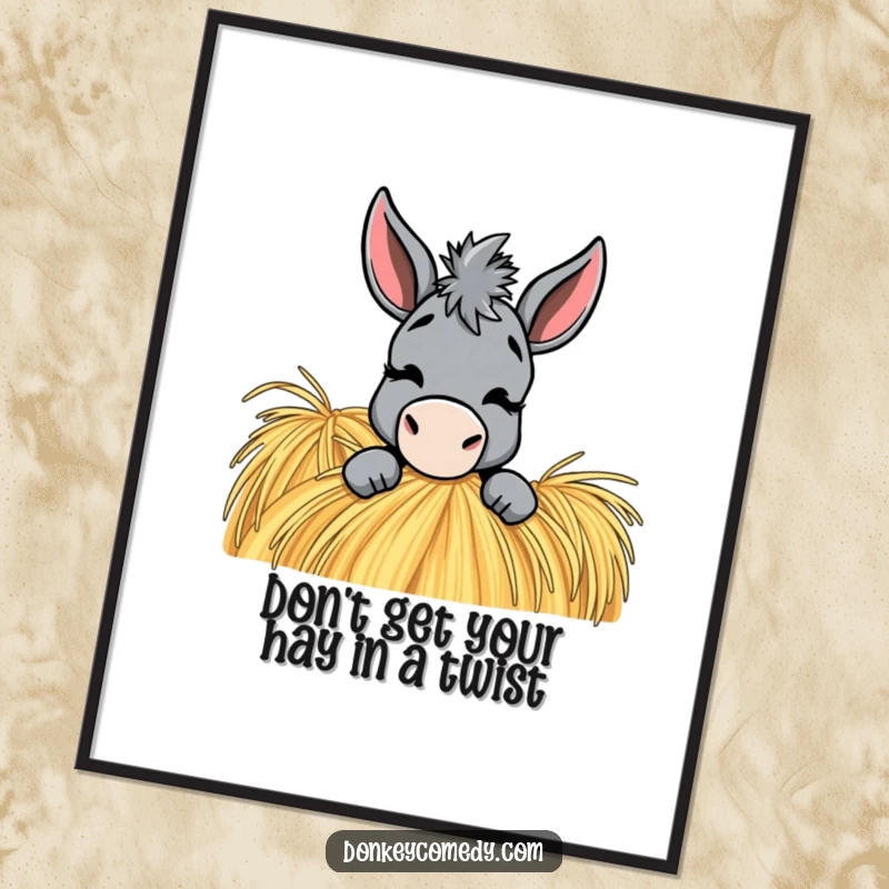 Funny Free Printable Donkey Wall Art, a donkey with a playful wink peeking from behind a haystack, adding charm.