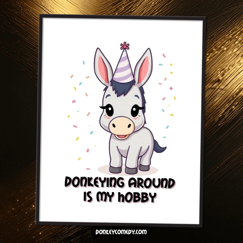 Funny Free Printable Donkey Wall Art, showcasing a donkey in a tiny party hat with confetti, adding a humorous touch to any room.