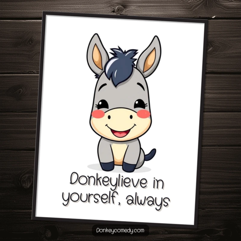 Funny free printable wall art of a kawaii donkey with a cheerful smile and a friendly nod, bringing joy to any room.