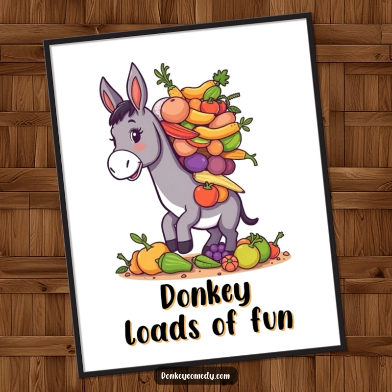 Free Printable Wall Art: A charming donkey hilariously balances an enormous pile of colorful, assorted farm produce.