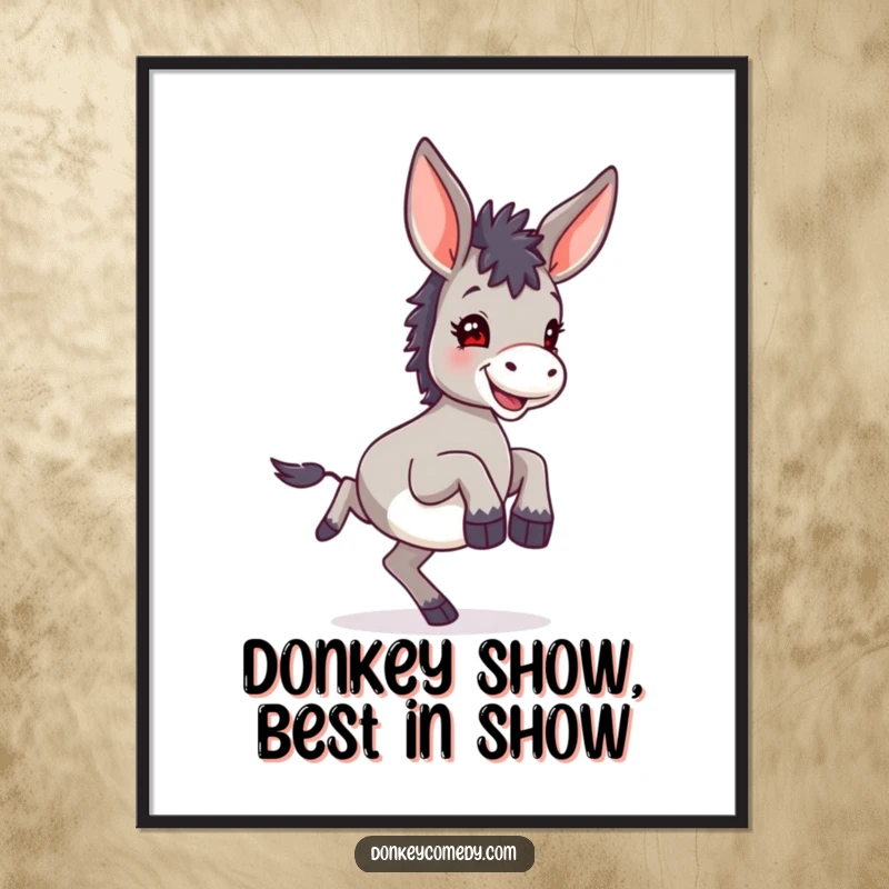 Funny Free Printable Wall Art: A small donkey with large ears joyfully kicking its hind legs, a humorous and vibrant downloadable piece.