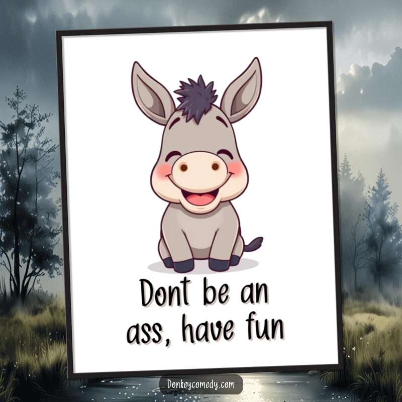 Funny Free Printable Wall Art: A cheerful donkey with a huge grin, captured mid-bray, adding personality to any room.