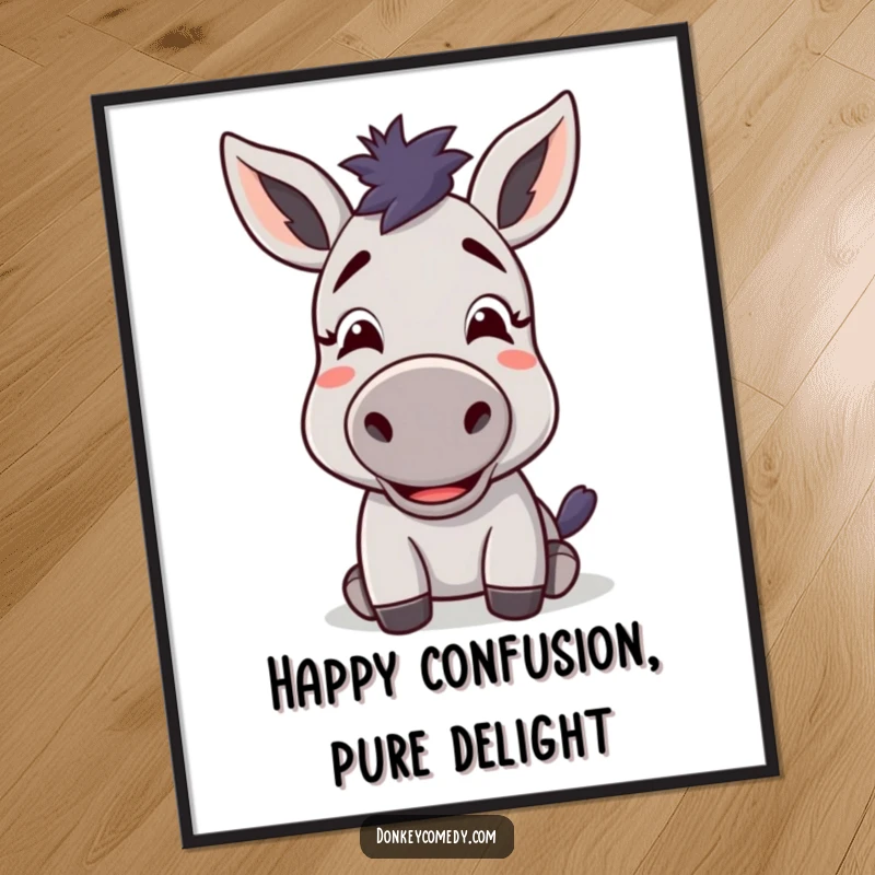 Funny free printable wall art: A kawaii donkey has a wonderfully confused but delighted expression, bringing quirky charm to the room.