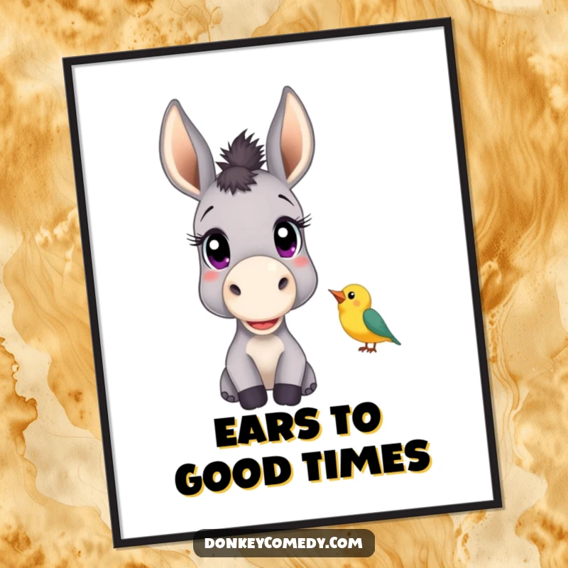 Funny free printable wall art showing a donkey with big, curious eyes attentively listening to a small, chirping bird.