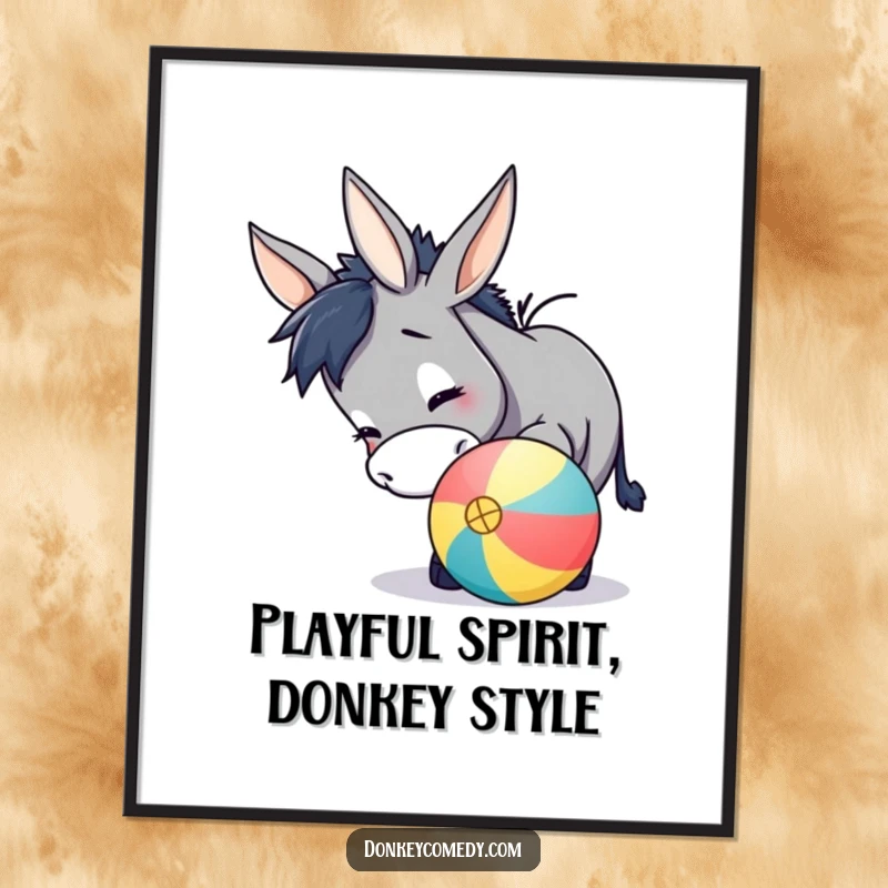 Funny Free Printable Wall Art of a donkey playfully nudging a large, colorful ball with its nose, radiating happiness.