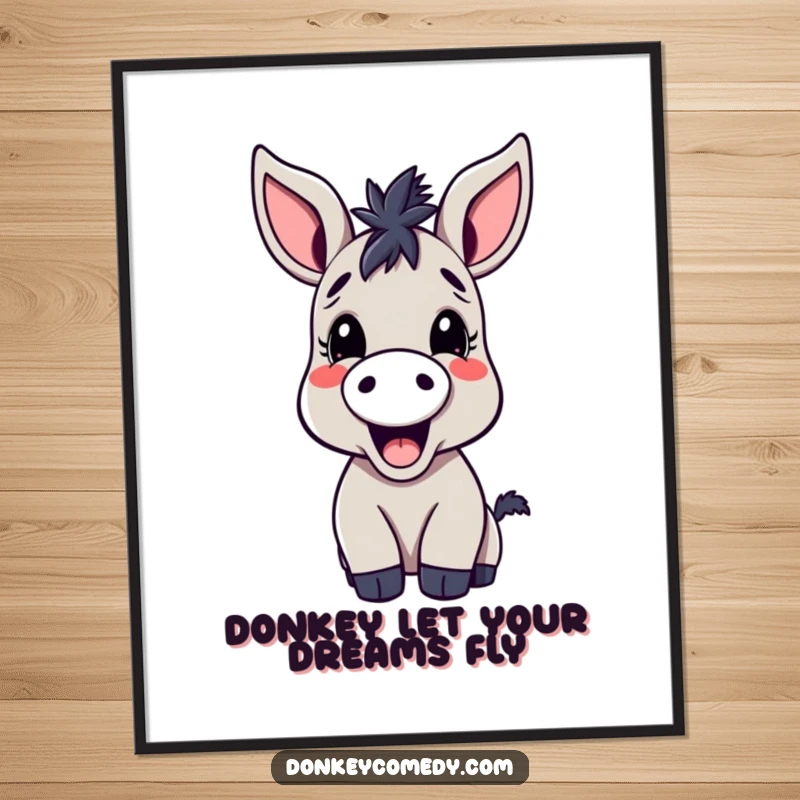 Funny Free Printable Wall Art: A kawaii donkey with enormous ears joyfully braying, adding vibrant, humorous downloadable art.