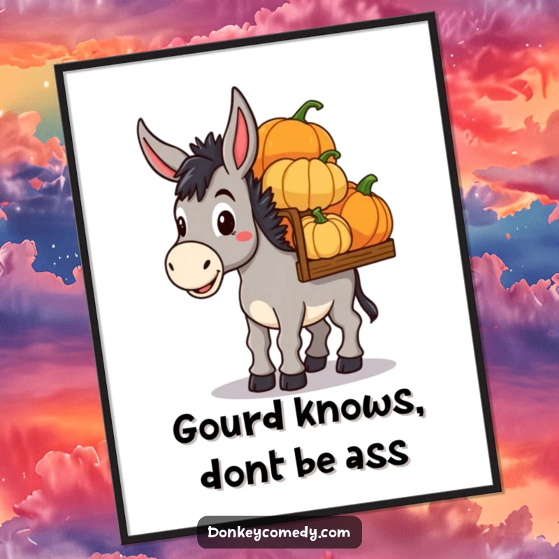 Funny Free Printable Wall Art: A donkey with a determined expression carrying a load of colorful pumpkins, showcasing effort.
