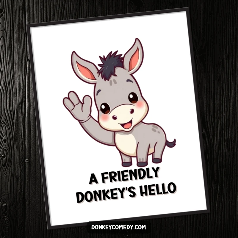 Funny Free Printable Wall Art of a cheerful donkey happily waving a hoof, with a big, friendly grin on its face.
