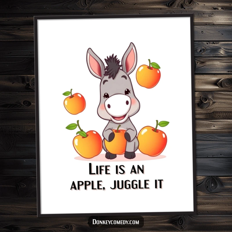 Funny Free Printable Donkey Wall Art, a mischievous donkey with a grin juggling three juicy apples, adding whimsy.