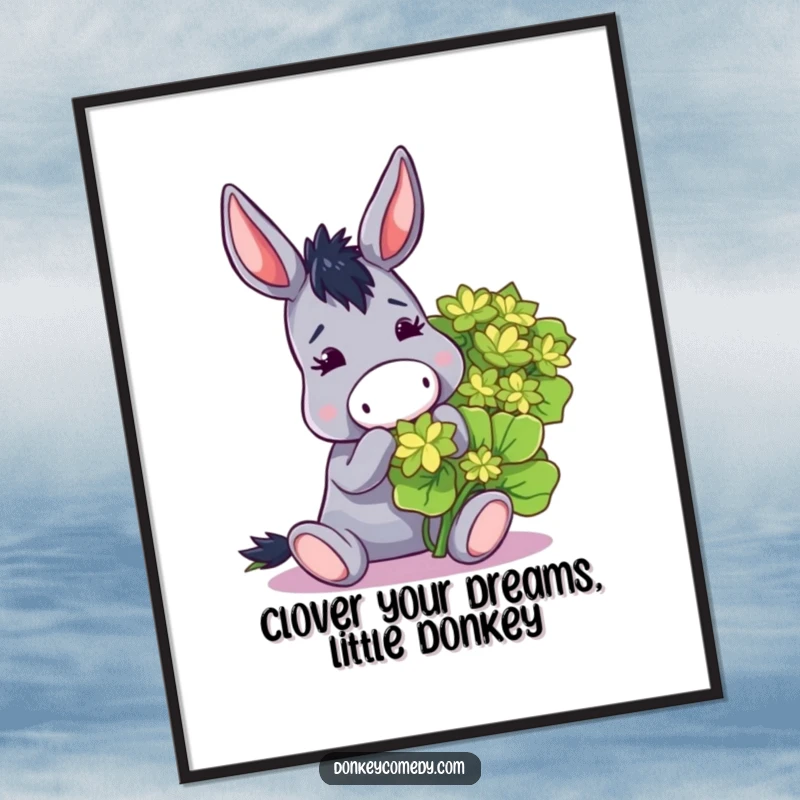 Funny free printable wall art of a donkey playfully nibbling a giant clover, bringing a smile to any room.