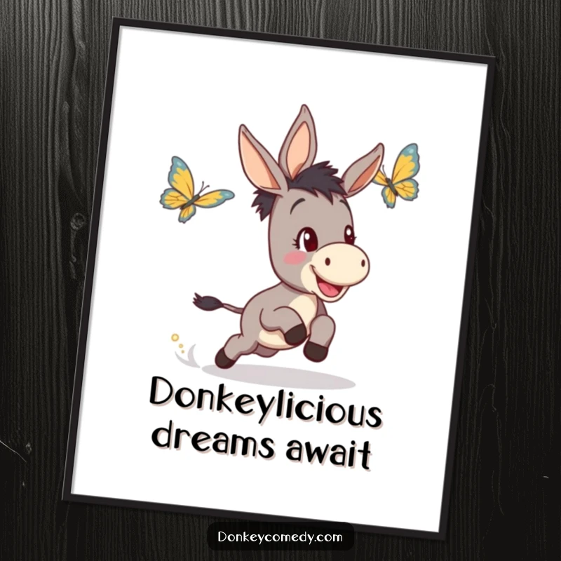 Funny Free Printable Wall Art: A happy donkey enthusiastically chases a butterfly across a whimsical background.