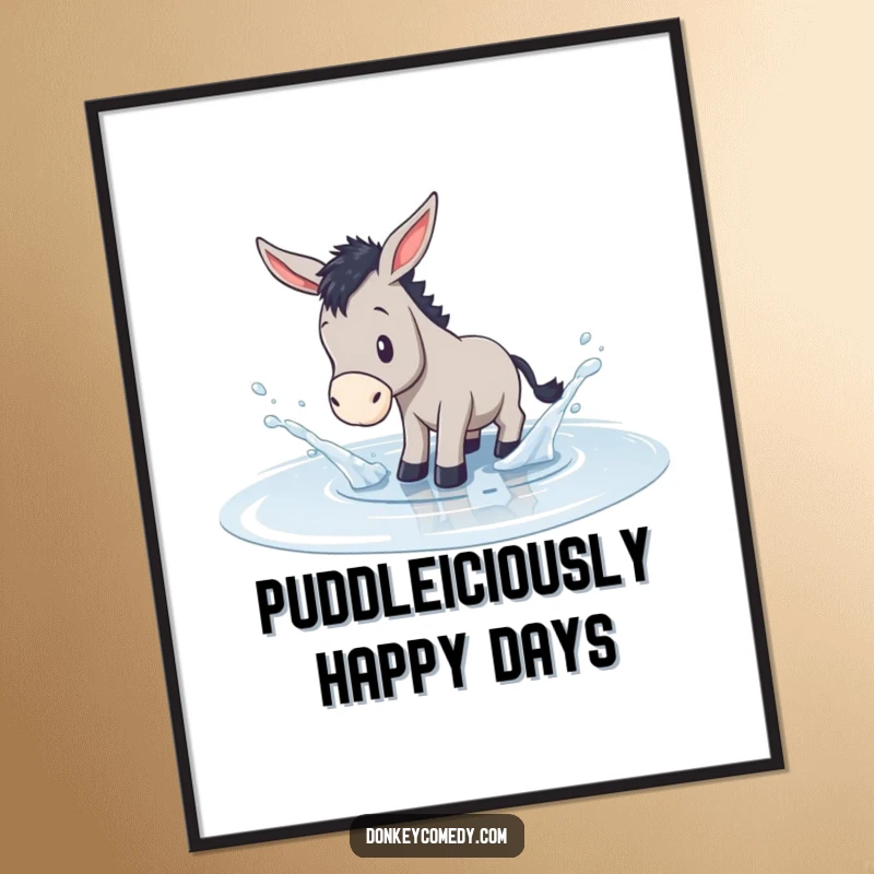 Funny Free Printable Wall Art: A donkey energetically splashes water in a shallow puddle with a happy expression.