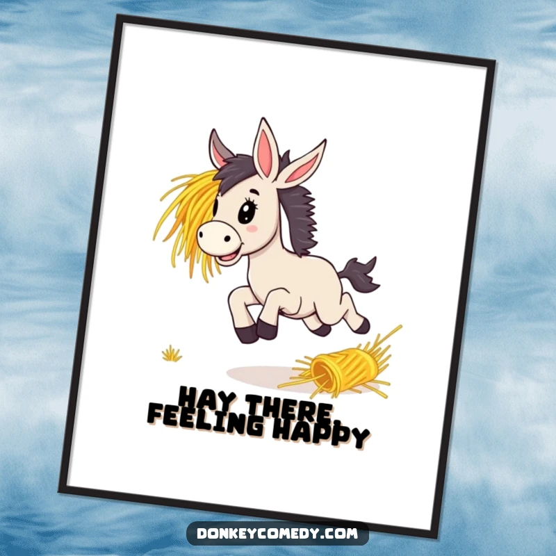 Funny Free Printable Wall Art: A lively donkey bounding with delight after a rolling bunch of hay, a humorous and energetic piece.