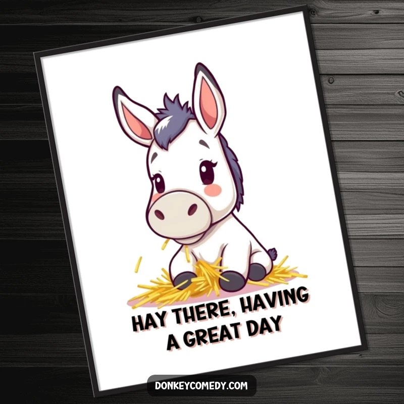 Funny Free Printable Wall Art: Kawaii donkey with large, expressive eyes and perky ears, happily munching on a pile of hay, perfect for cute decor.
