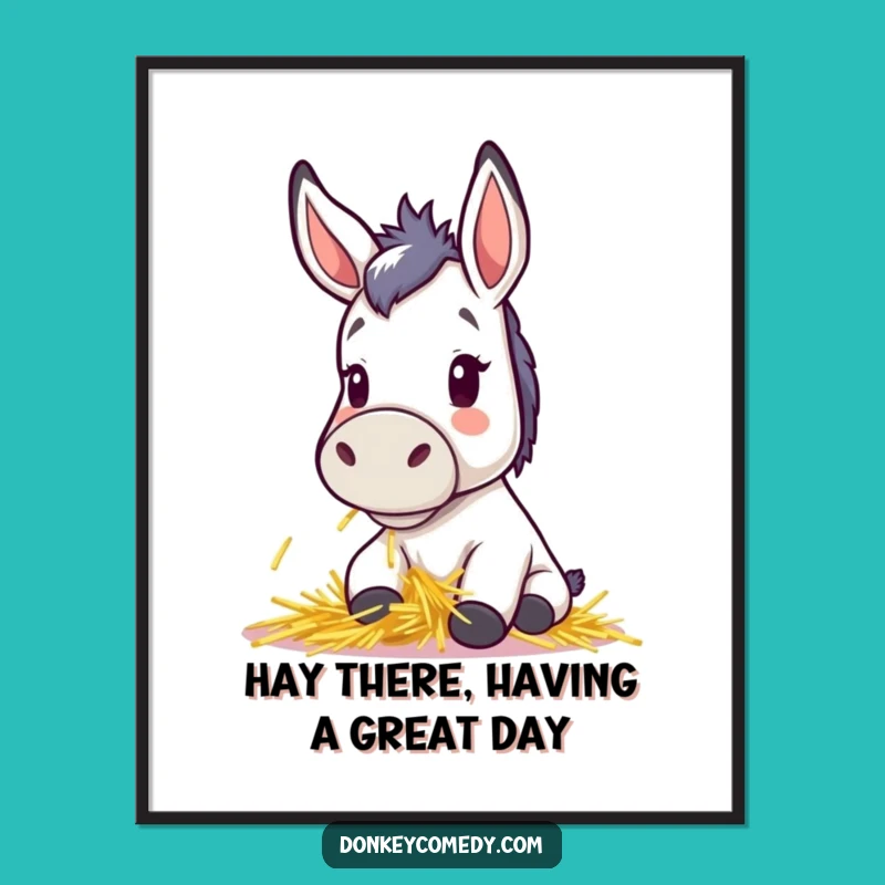 Funny Free Printable Wall Art: Kawaii Donkey Munching Hay - Cute Downloadable Art