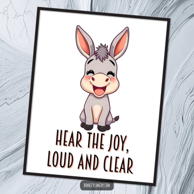 Funny Free Printable Wall Art: A donkey with comically oversized ears joyfully braying, spreading happiness.