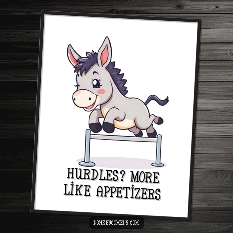 Funny free printable wall art of a donkey triumphantly leaping over a small hurdle, inspiring action and joy.