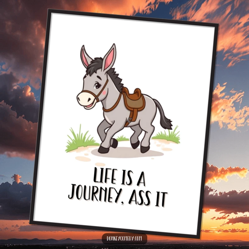 Funny Free Printable Wall Art: A donkey wearing a small saddle, joyfully trotting along a path, adding a touch of fun.