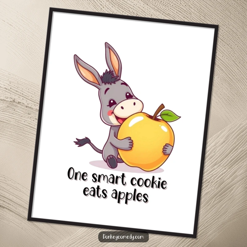Funny Free Printable Wall Art: A donkey with an enormous grin excitedly receiving a giant, juicy apple, radiating pure happiness.