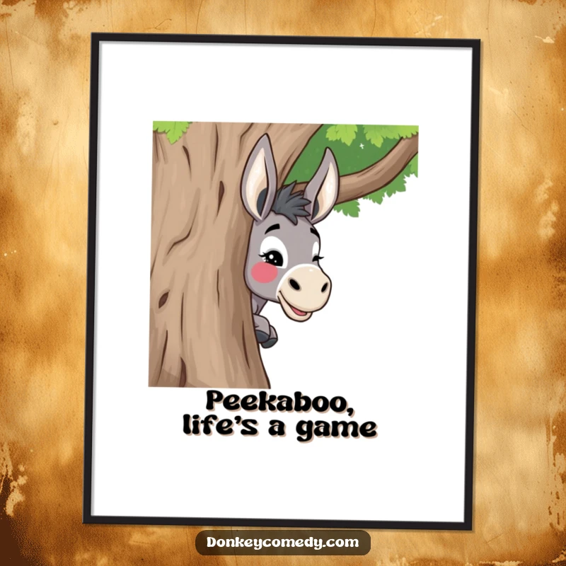 Funny Free Printable Wall Art: A donkey peeking around a tree, offering a delightful and playful wink.