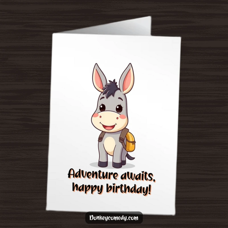 Funny Free Printable Birthday Card: A kawaii donkey with a wide smile and a small backpack, looking ready for adventure.