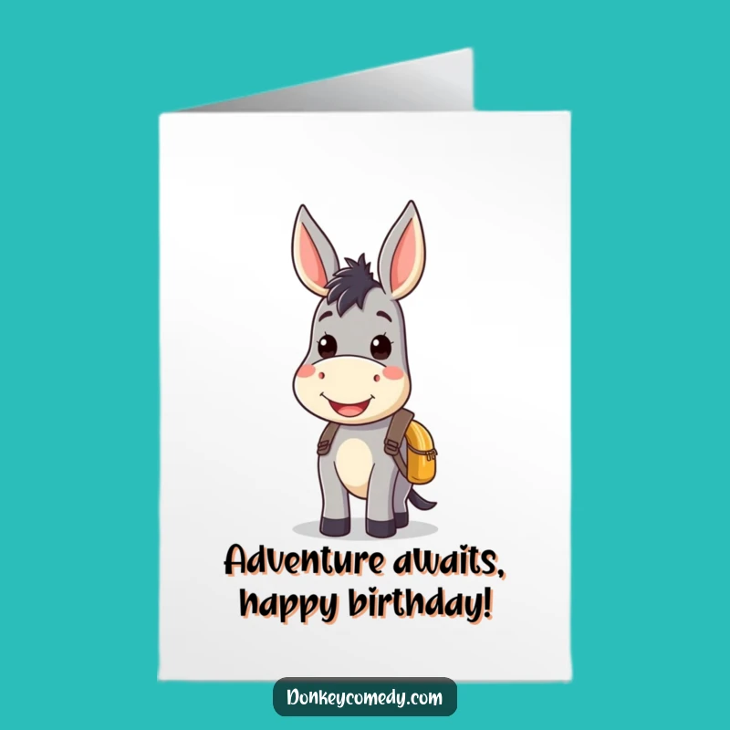 Free Printable Birthday Card: Kawaii Donkey with Backpack, Cute Greeting Download