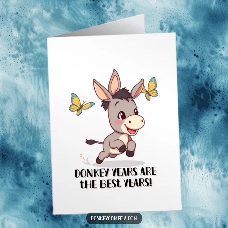 Funny Free Printable Birthday Card: A donkey joyfully chases a butterfly with a hopeful expression, ready for celebration.
