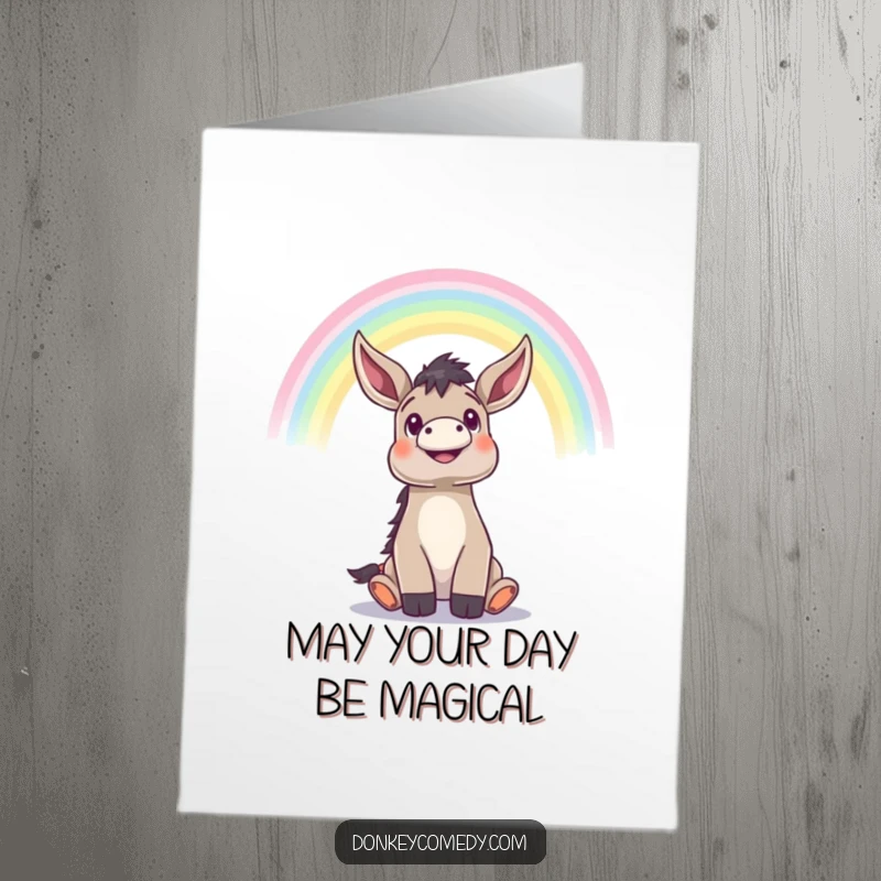 Funny Free Printable Birthday Card: A donkey looks up in awe with wide eyes at a vibrant rainbow stretching across the sky.