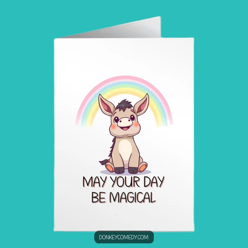 Free Printable Birthday Card: Donkey & Rainbow, Funny Downloadable Gift for Magical Wishes