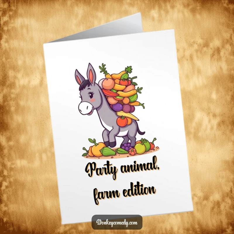 Funny Free Printable Birthday Card: A donkey struggles humorously to balance an overflowing pile of fresh farm produce on its head.