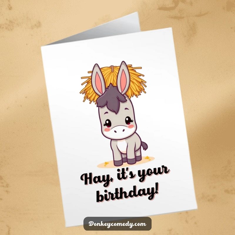 Funny Free Printable Birthday Card featuring a kawaii donkey hilariously balancing a tall stack of hay on its head.