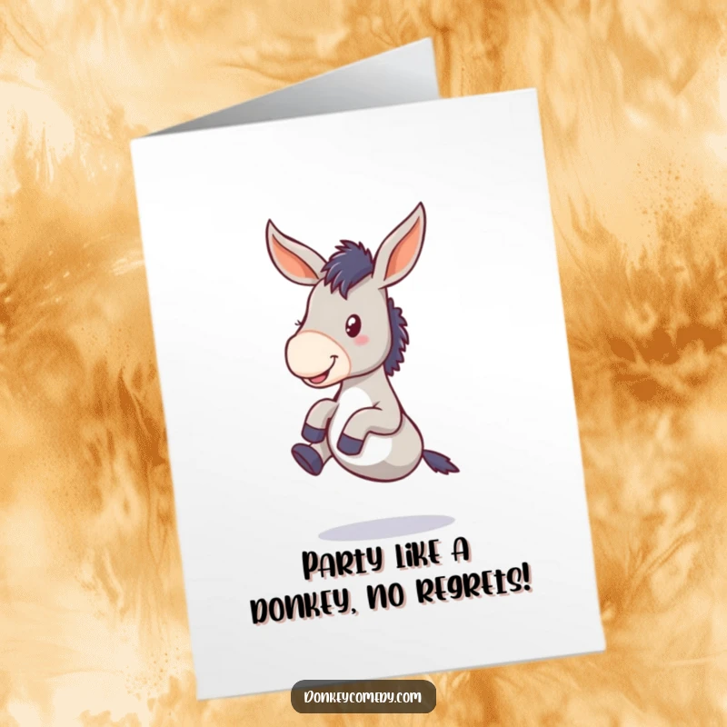 Funny Free Printable Birthday Card: A cute donkey with floppy ears joyfully kicking its legs high in celebration.