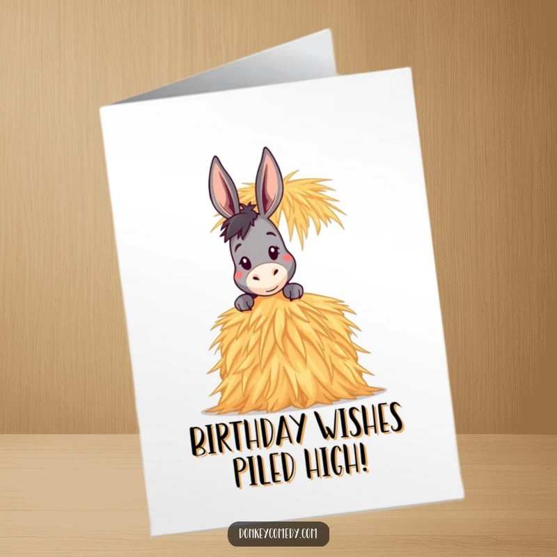Funny Free Printable Birthday Card: Donkey peeking curiously over a very tall stack of hay, full of playful mischief.