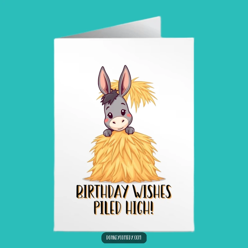 Free Printable Birthday Card: Funny Donkey Peeking, Hay Stack Surprise, Downloadable Gift