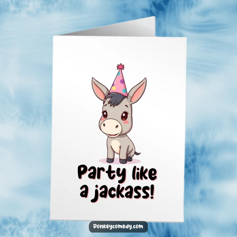 Funny free printable birthday card: A kawaii donkey sports a ridiculously oversized party hat, ready to trot into birthday fun.