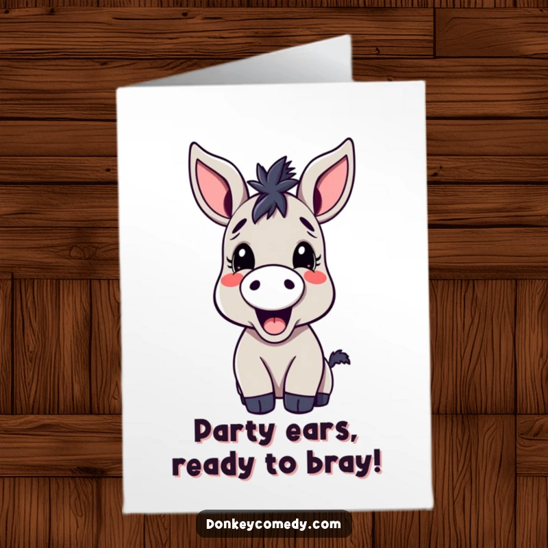 Funny Free Printable Birthday Card: Kawaii donkey with huge ears joyfully braying a loud birthday wish, perfect for laughter.