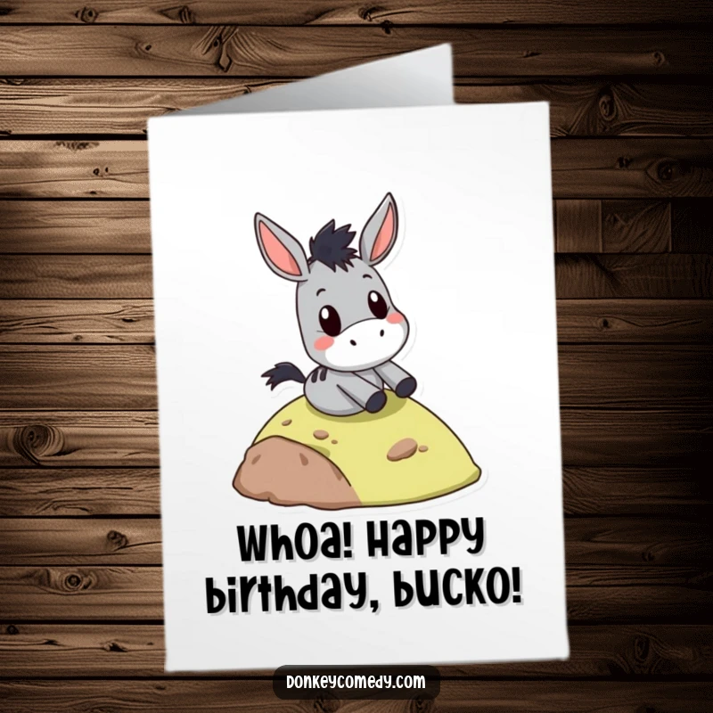 Funny Free Printable Birthday Card: Donkey with a shocked expression sliding uncontrollably down a small grassy hill.