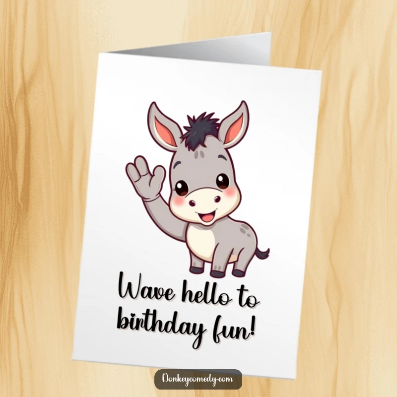 Funny Free Printable Birthday Card featuring a donkey with a huge smile, giving a friendly wave with its hoof.
