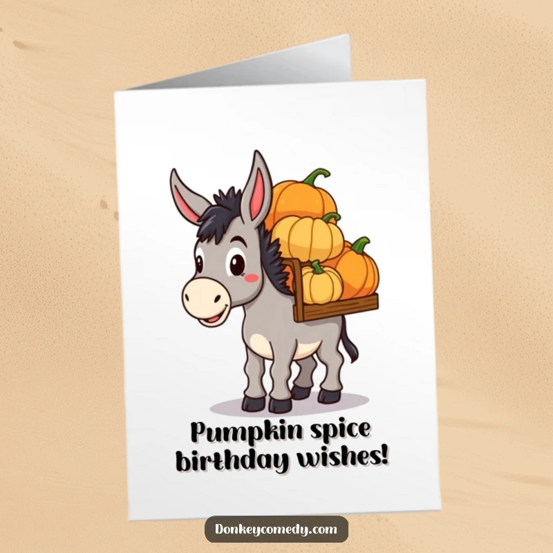 Funny Free Printable Birthday Card: A determined donkey carrying a heavy load of colorful pumpkins, ready for celebration.
