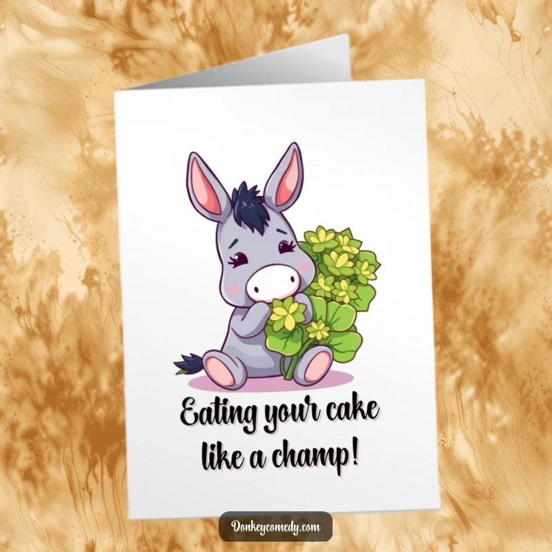 Funny free printable birthday card featuring a donkey playfully nibbling a giant clover, bringing joy and laughter.