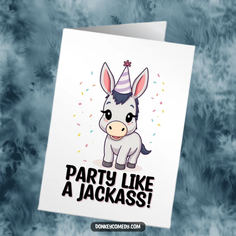 Funny Free Printable Donkey Birthday Card with tiny party hat and confetti, a cheerful downloadable greeting for a special occasion.